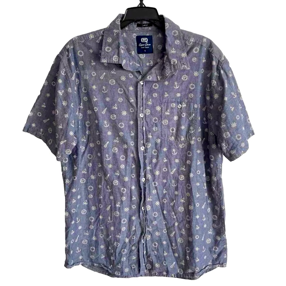 Quiet Storm Surf Shop Sailor Patterned Collared Button Down Short Sleeve Shirt